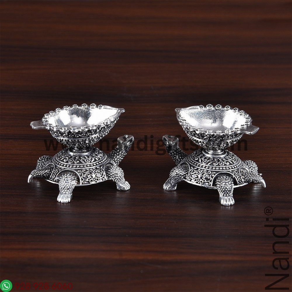 Antiq German Silver Tortoise Diya Mini Pair