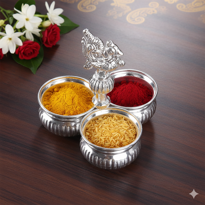 german silver peacock kumkum set 3 bowls