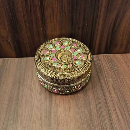 Golden Antiq Minakari Peacock Box New