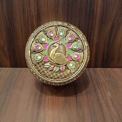 Golden Antiq Minakari Peacock Box New