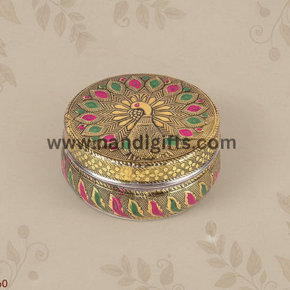 Minakari Peacock Box Red And Green Feather