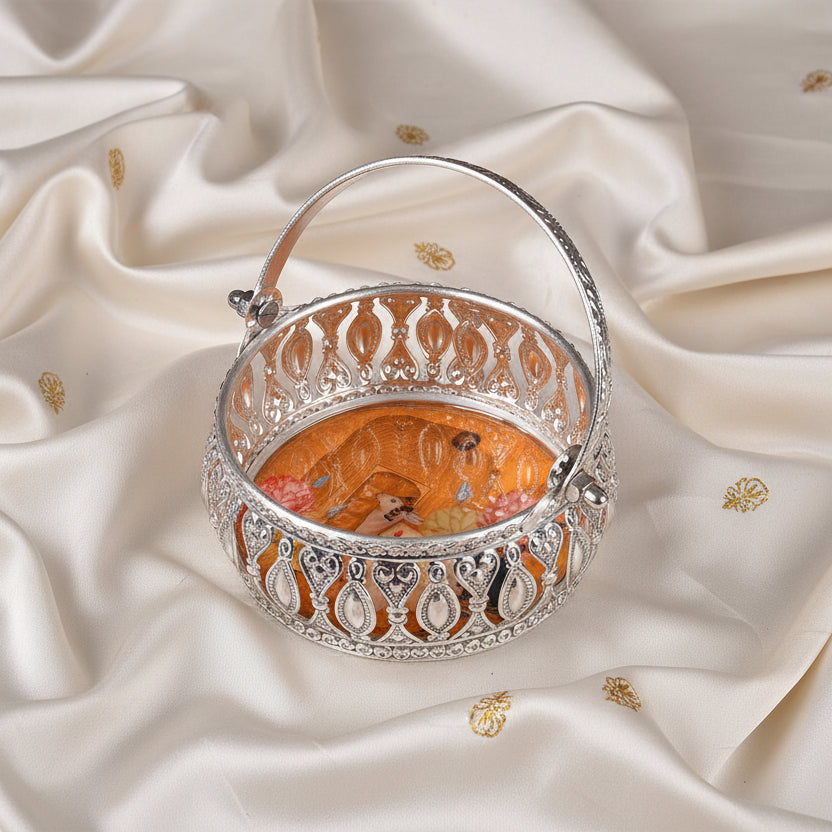 GS Pichwai Basket Round 4 Inch Assorted Prints