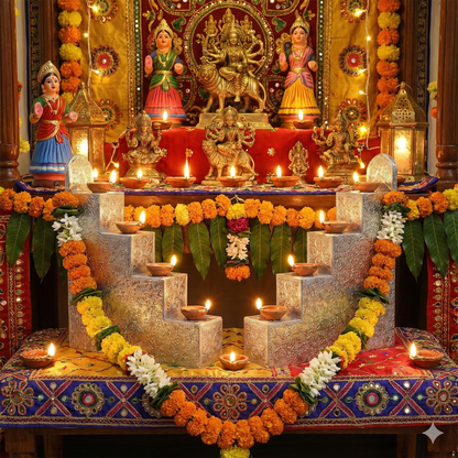 silver diya steps for navaratri